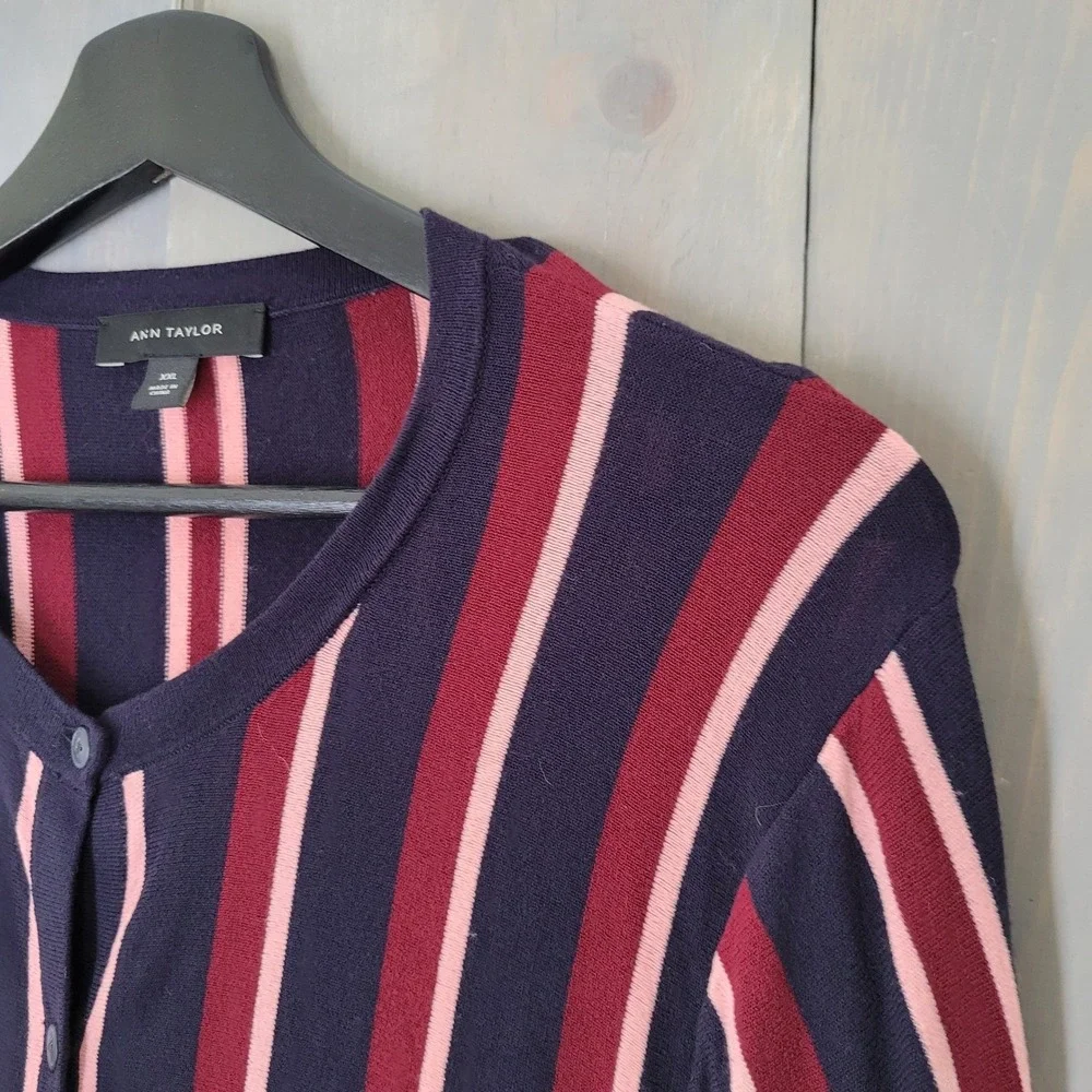 Ann Taylor Cardigan Women XXL Navy Pink‎ Burgundy Stripe Button Front Career